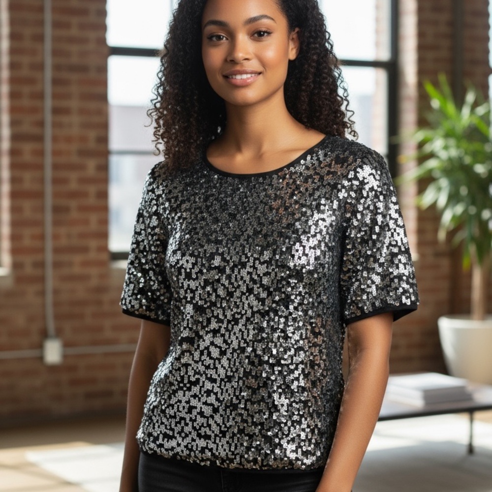 L'AGENCE Shimmering Black Sequin Top